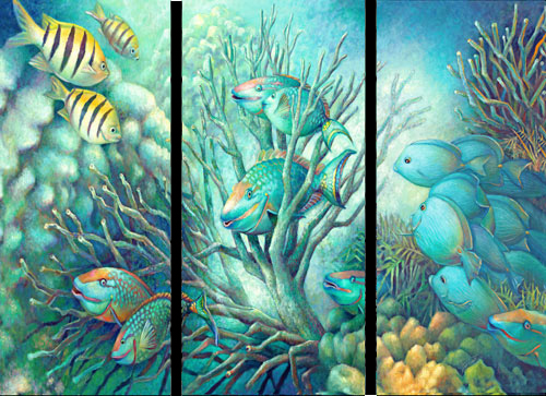 Sargent Major, Parrot Fish, Blue Tang and Coral Reef art