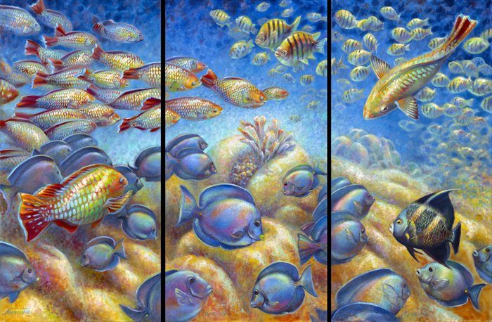 Sargent Major, Parrot Fish, Blue Tang and Coral Reef art